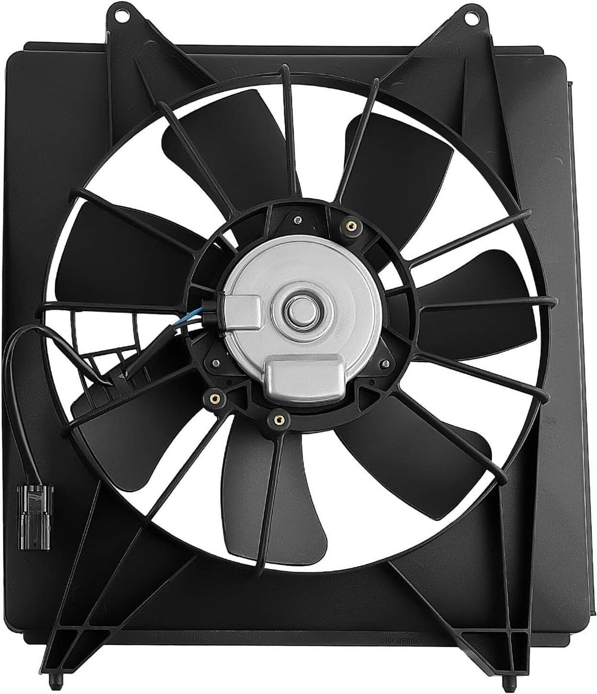 Radiator cooling fan assembly with black blades and silver motor hub inside shroud