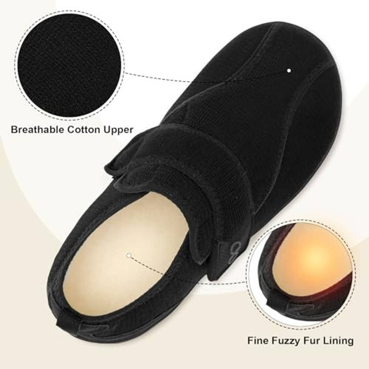 Black men's breathable fabric upper slippers with fine fuzzy fur lining