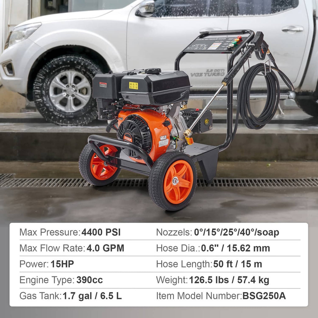Orange and black gas pressure washer with hose, wheels, and spray wand