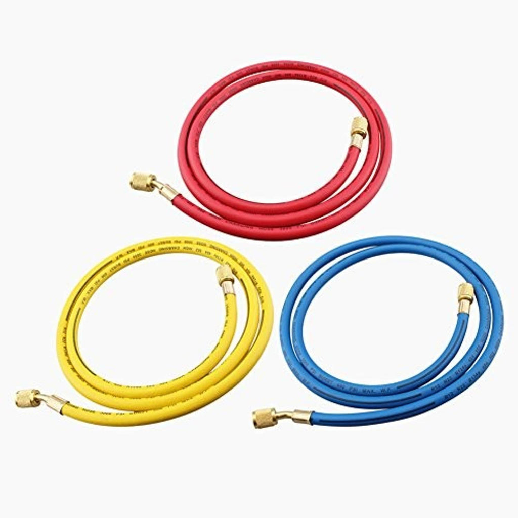Three-piece refrigerant charging hose set with brass ends for red, yellow, and blue lines