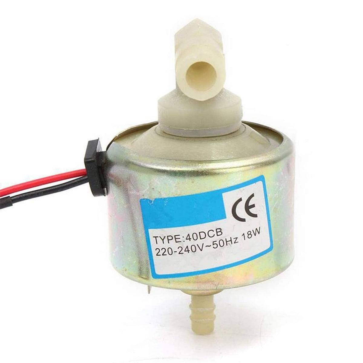 Fog machine oil pump with white plastic outlet, metal housing, and wire connector