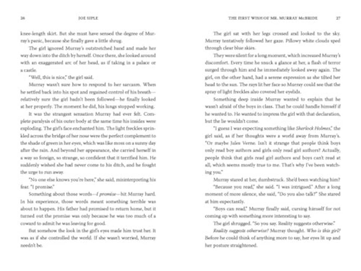 Printed novel pages with dense paragraph text and page headers at top.