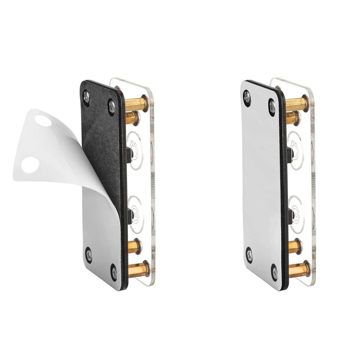 Mounting bracket pair with gold-pin header for external PC power button panel.