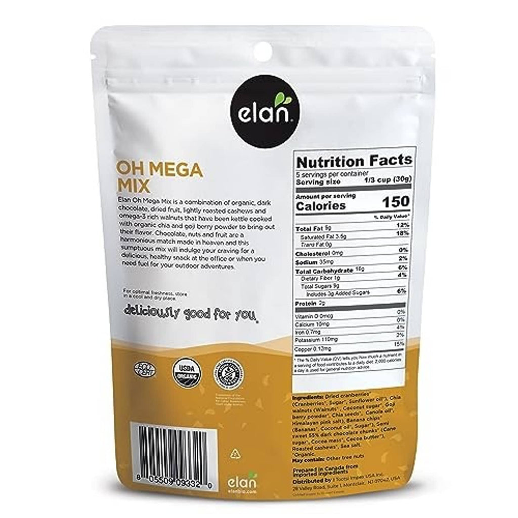 Organic Oh Mega Mix snack mix pouch back with Nutrition Facts and ingredient text
