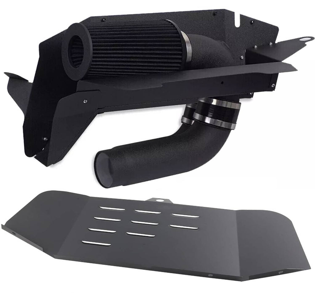 Cold air intake kit with black air filter, heat shield, and intake tube assembly