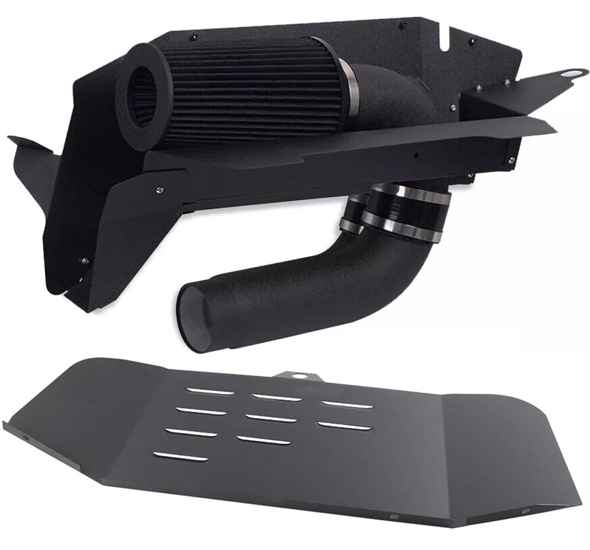 Cold air intake kit with black air filter, heat shield, and intake tube assembly