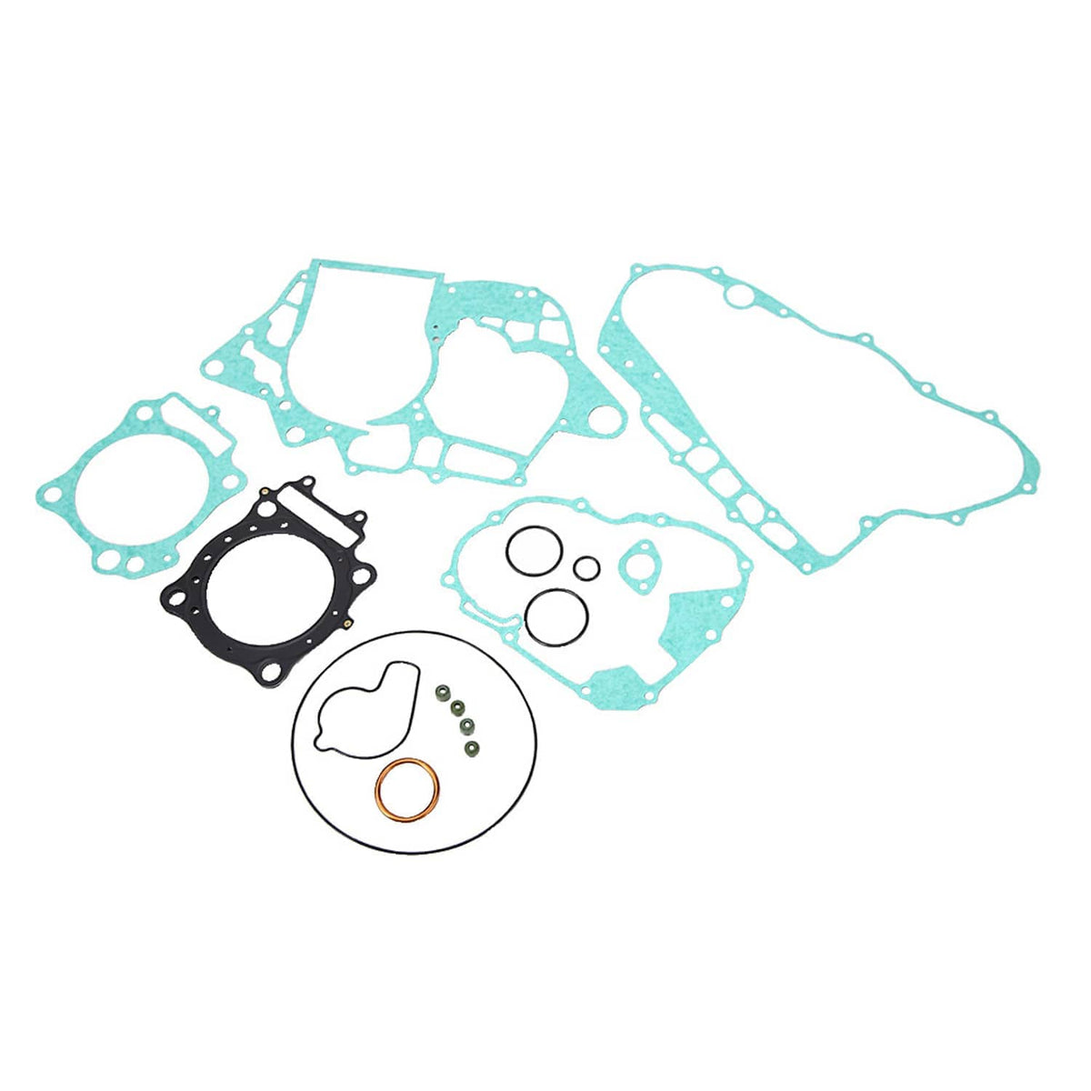 Cylinder head gasket set with blue gasket pieces and black gasket plate with copper ring