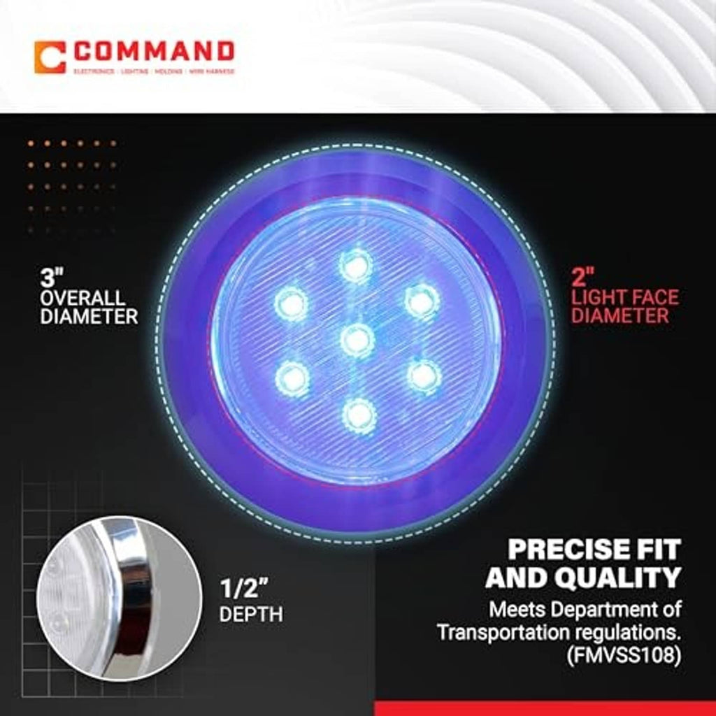 Round blue LED dome light diagram with chrome trim ring and size indicators