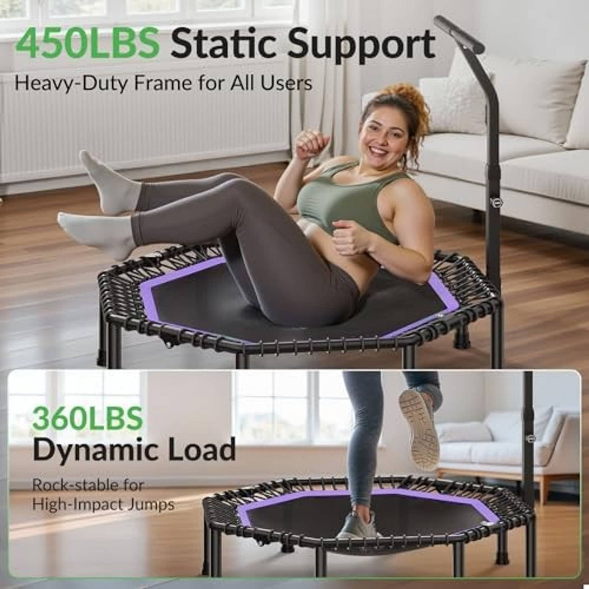 Adult woman exercising on octagonal trampoline with purple-edged jumping surface