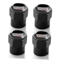 Set of black metal tire valve stem caps with Cadillac emblem, hex top