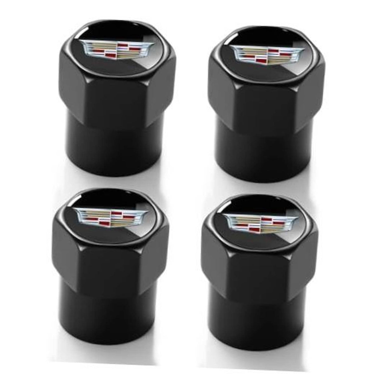 Set of black metal tire valve stem caps with Cadillac emblem, hex top