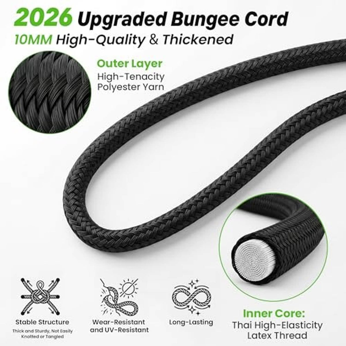 Black braided bungee cord with green accents, inner core diagram