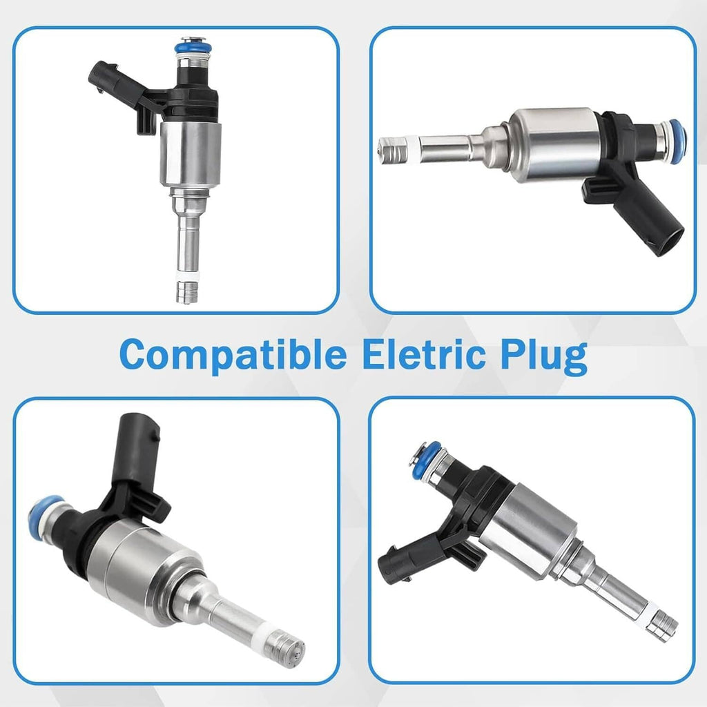 Set of 4 fuel injectors with black plugs and blue seals, shown in four views