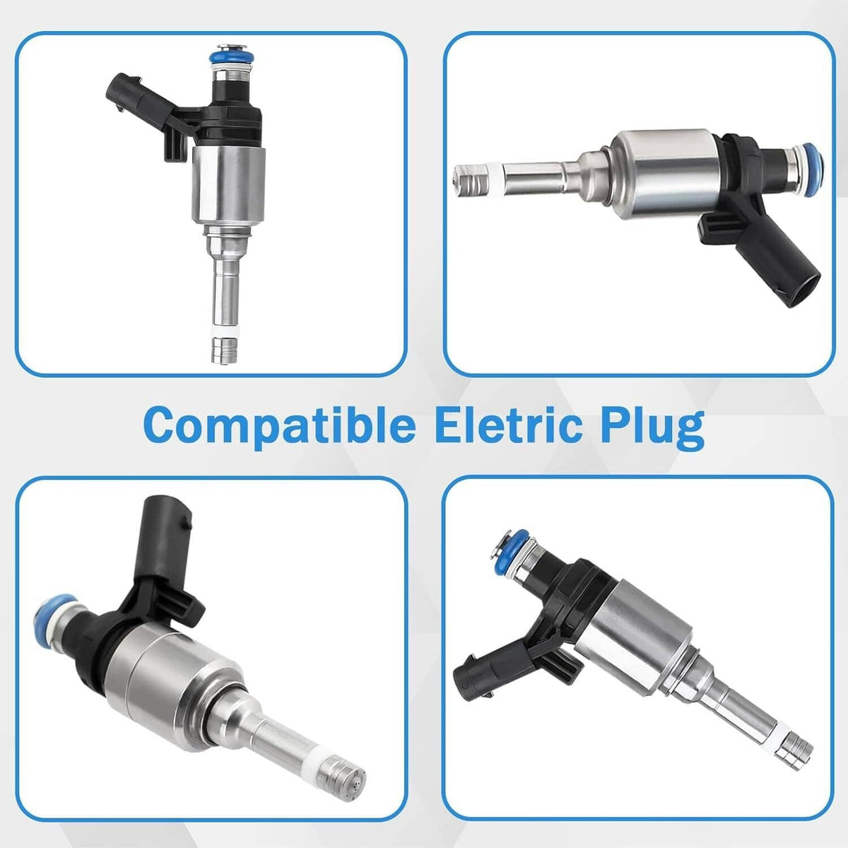 Set of 4 fuel injectors with black plugs and blue seals, shown in four views
