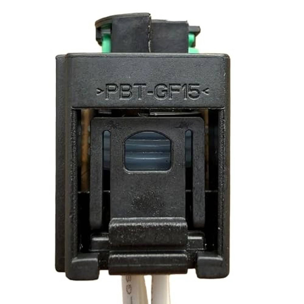 Sensor connector wiring harness with PBT-GF15 marking, black housing, and white pins