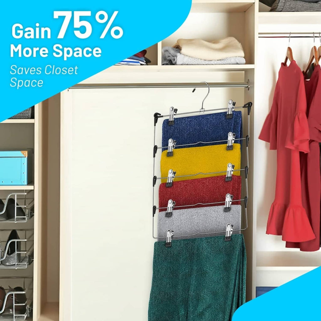 Deilsy 5-tier skirt hanger with clips holding folded fabrics in blue, yellow, red, gray, green