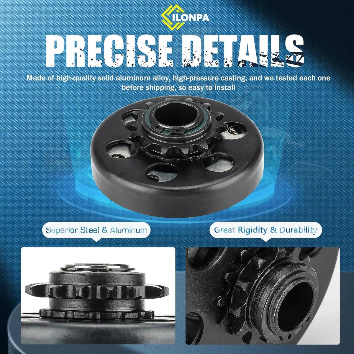 Black centrifugal clutch sprocket assembly close-up with steel hub and bolt holes