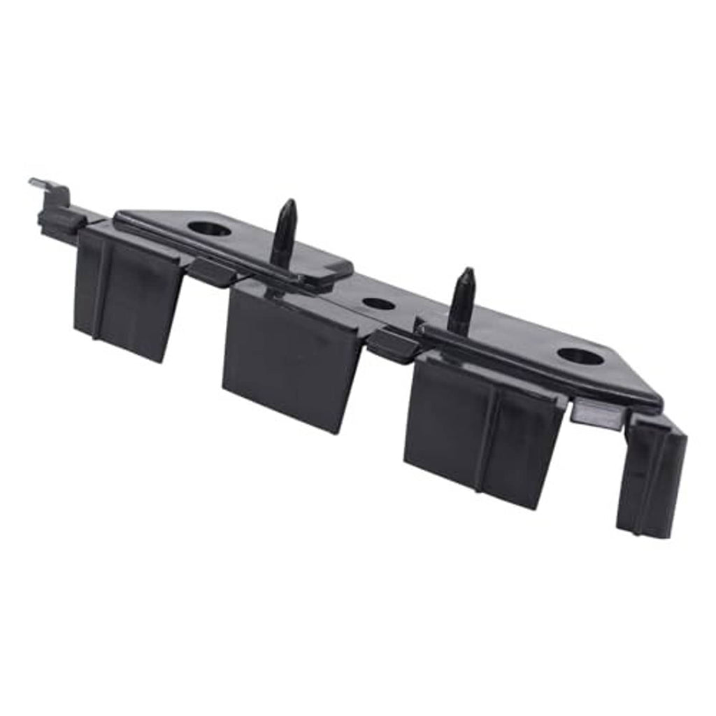 Front bumper bracket retainer bar with side tabs and two mounting holes, dark plastic