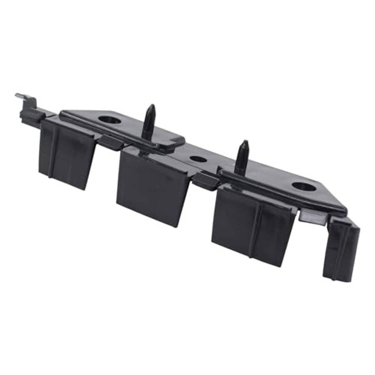 Front bumper bracket retainer bar with side tabs and two mounting holes, dark plastic