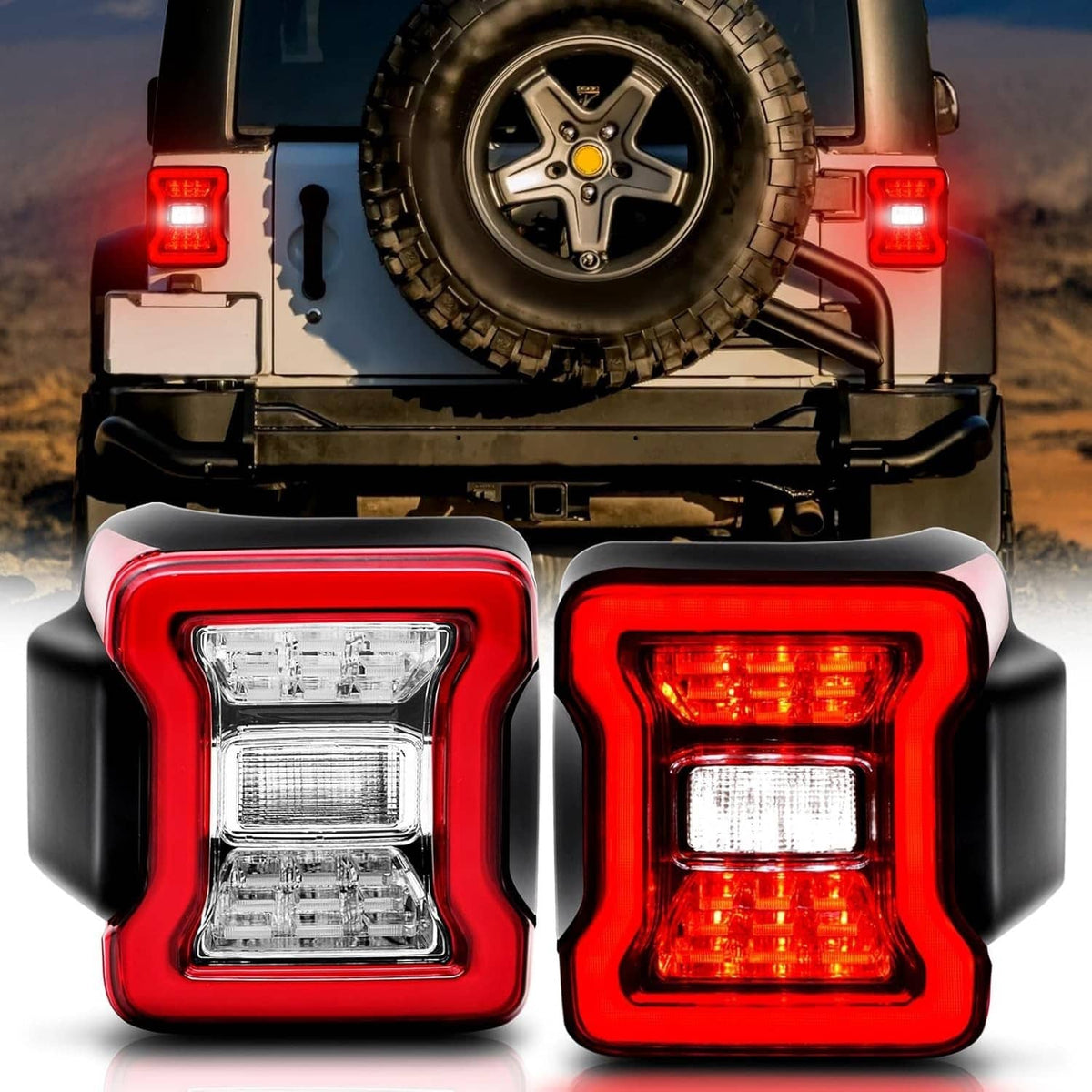 Close-up pair of LED tail lights with red outer lens and clear light modules
