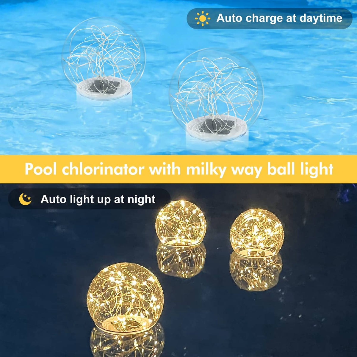 Solar pool chlorinator floater with glowing ball light, three floating units on water