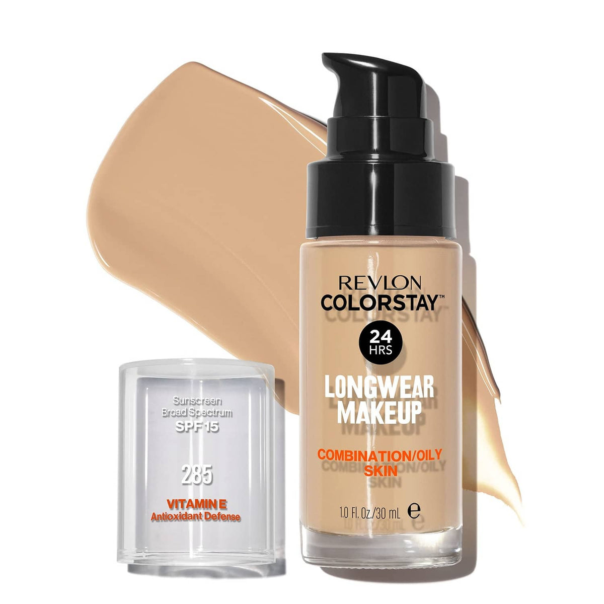 Revlon ColorStay longwear liquid foundation bottle with beige swatch