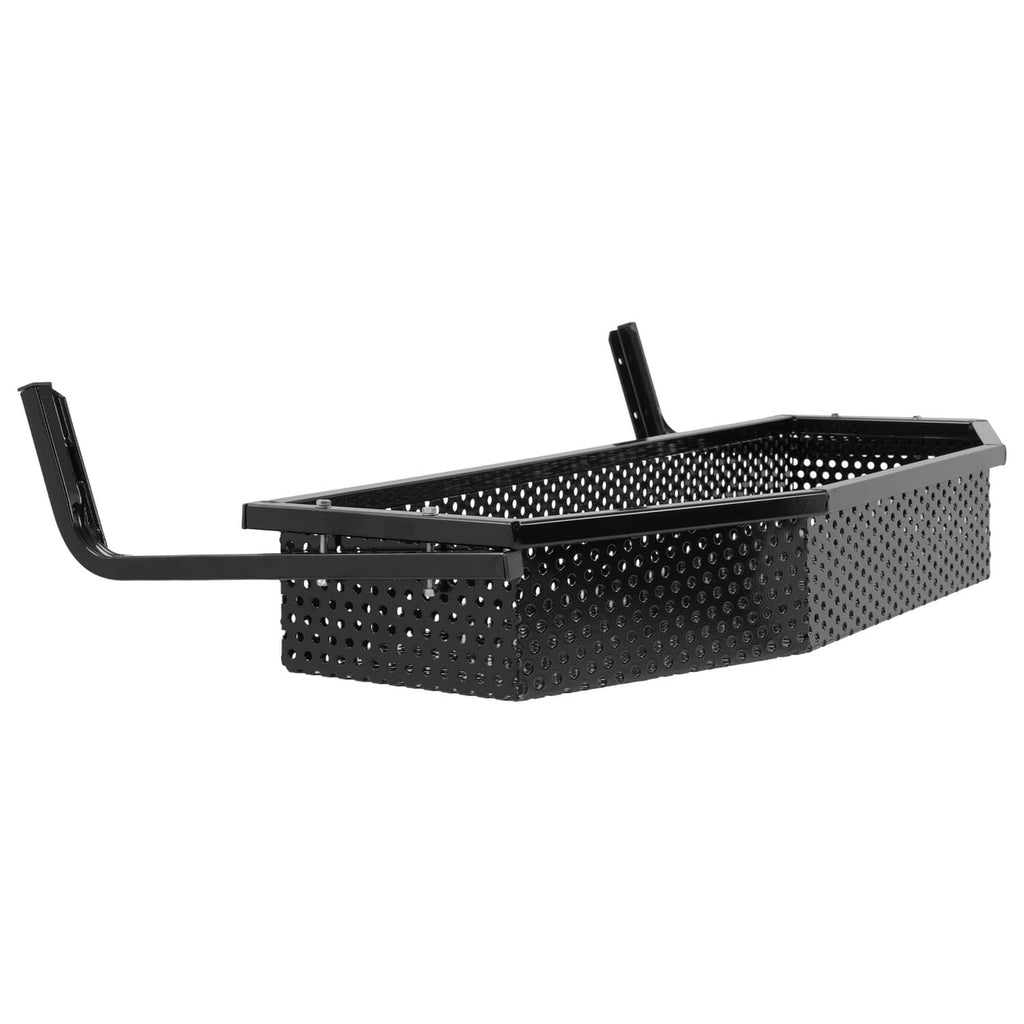 Black perforated cargo basket with front crossbar and side support brackets