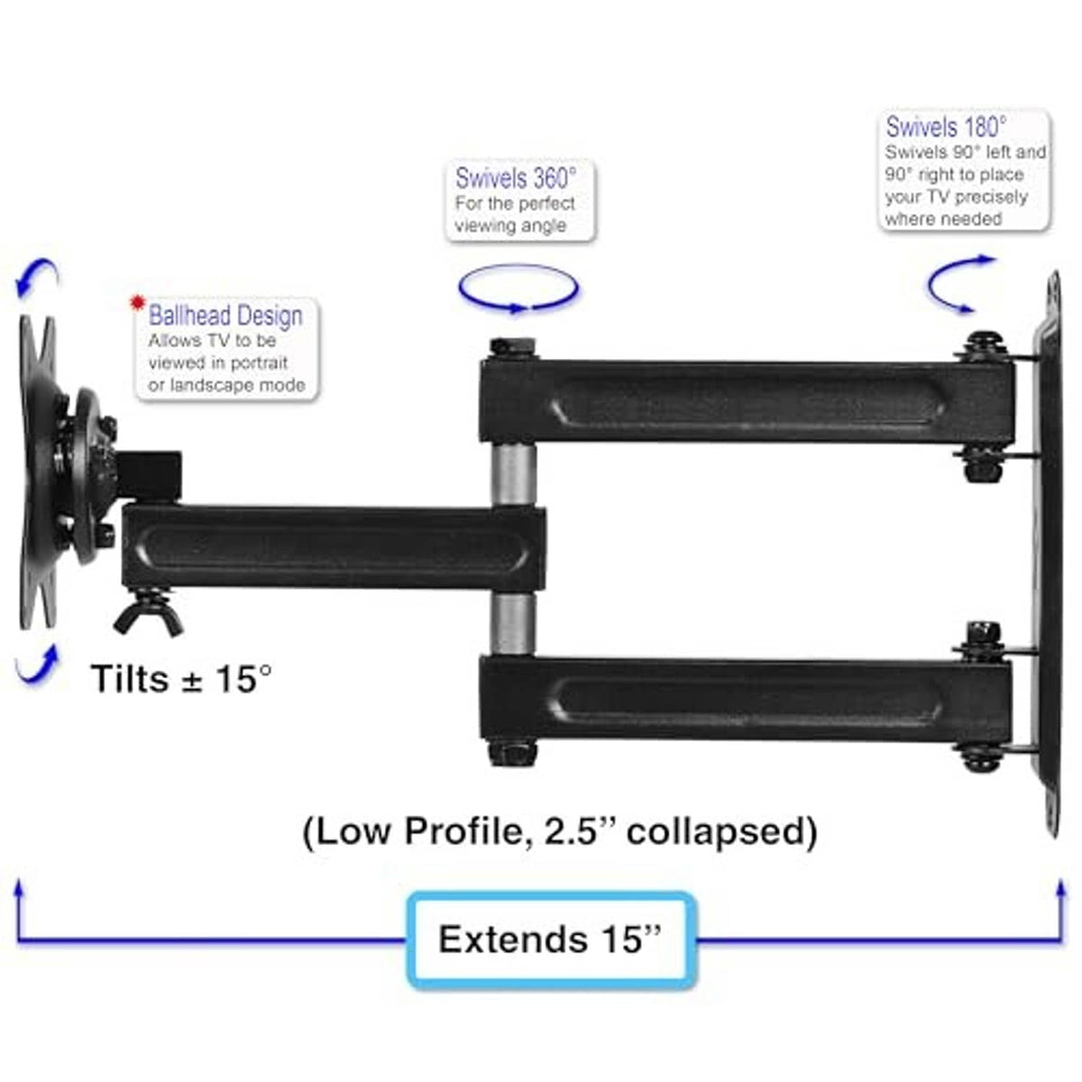 Low-profile black TV wall mount with tilting arms and extended length