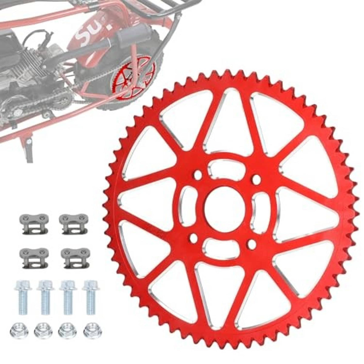 Red 60T mini bike chain sprocket with mounting brackets and bolts