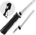 Cordless electric knife with black handle and serrated stainless steel blade