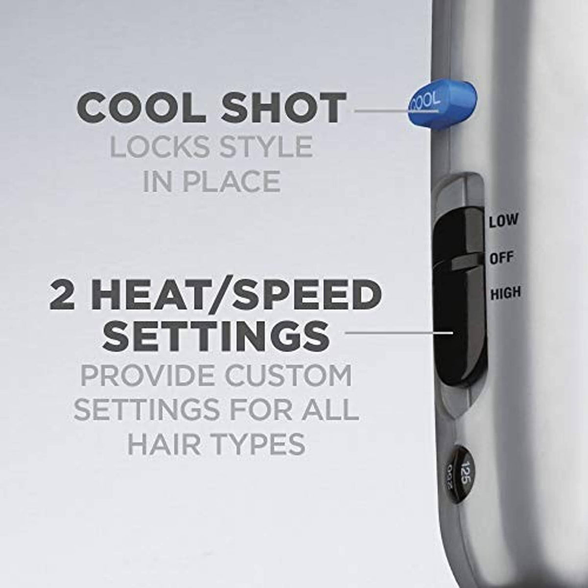 Conair 3-in-1 hair dryer with cool shot button and low/high settings dial
