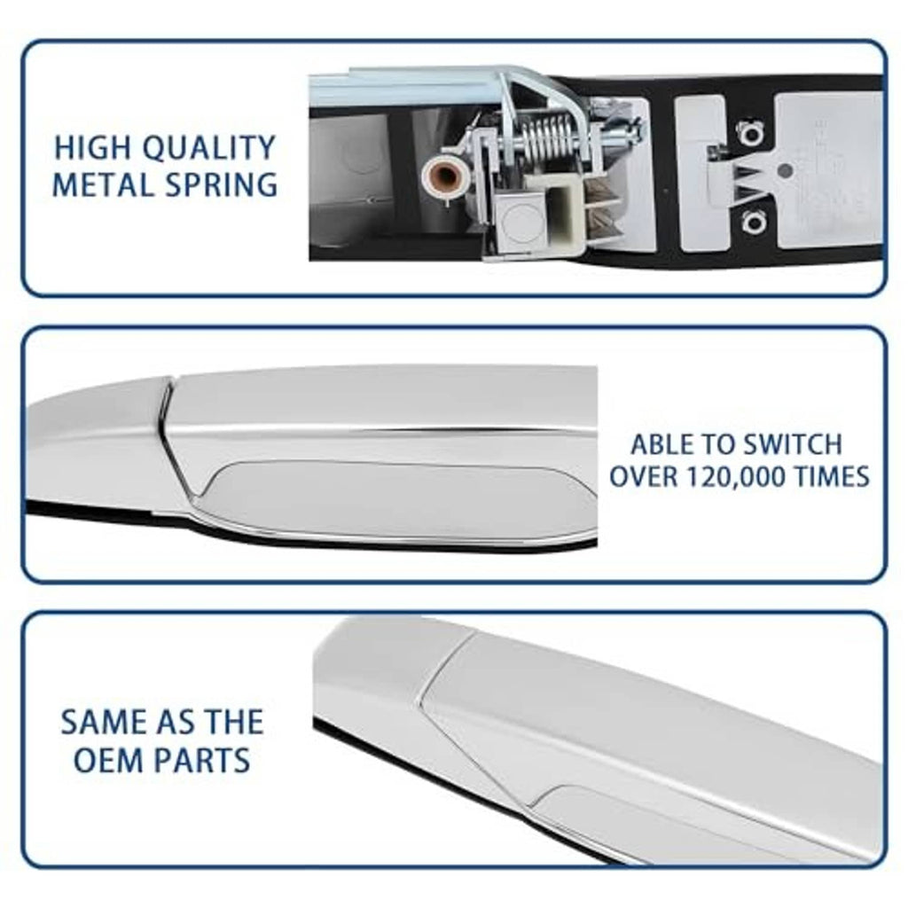 Exterior chrome door handle featuring metal spring mechanism cutaway