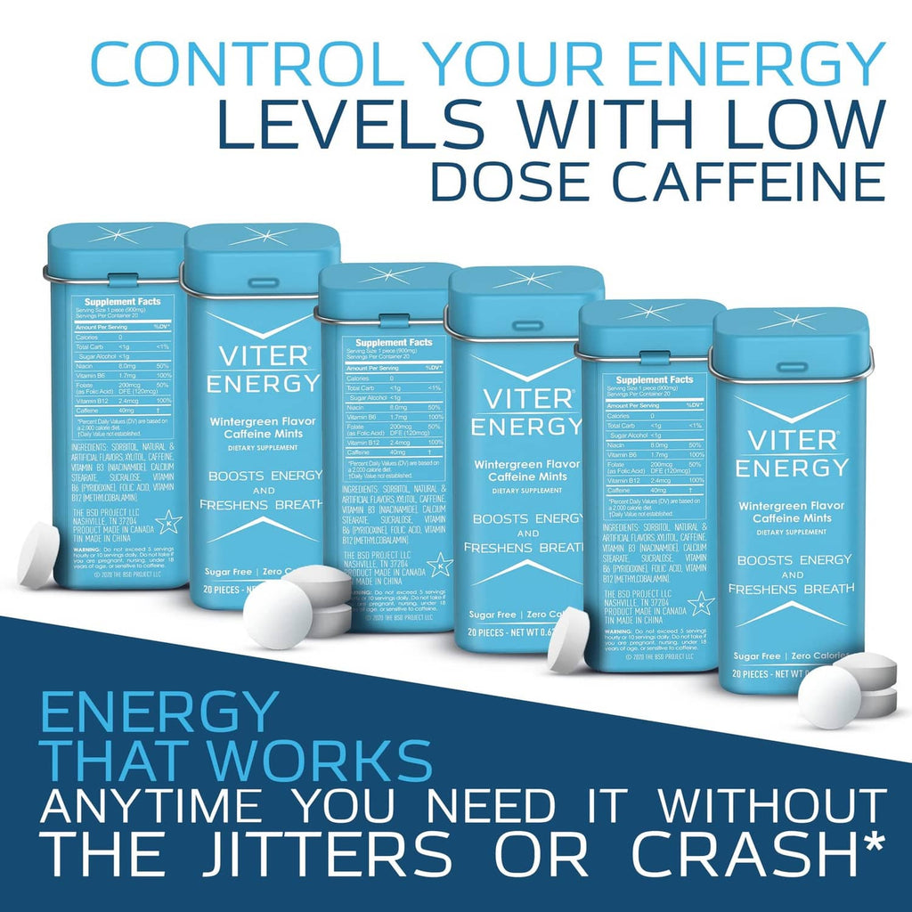 Assorted Viter Energy wintergreen caffeinated mints tins with white mint tablets
