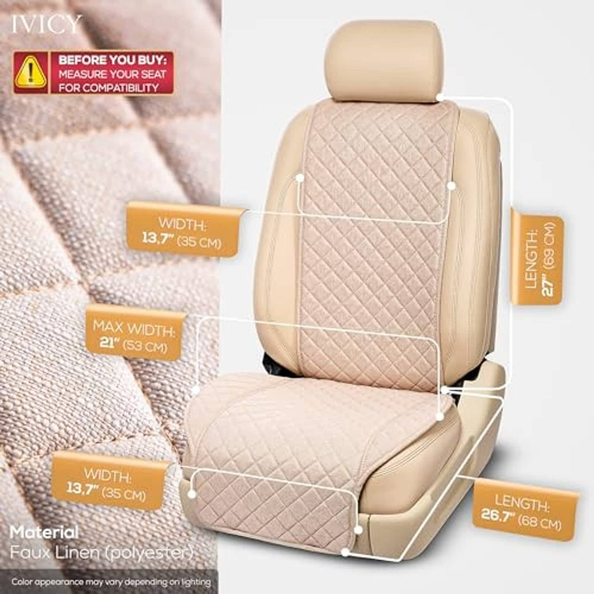 Beige faux linen front seat cover, quilted pattern with front width and length