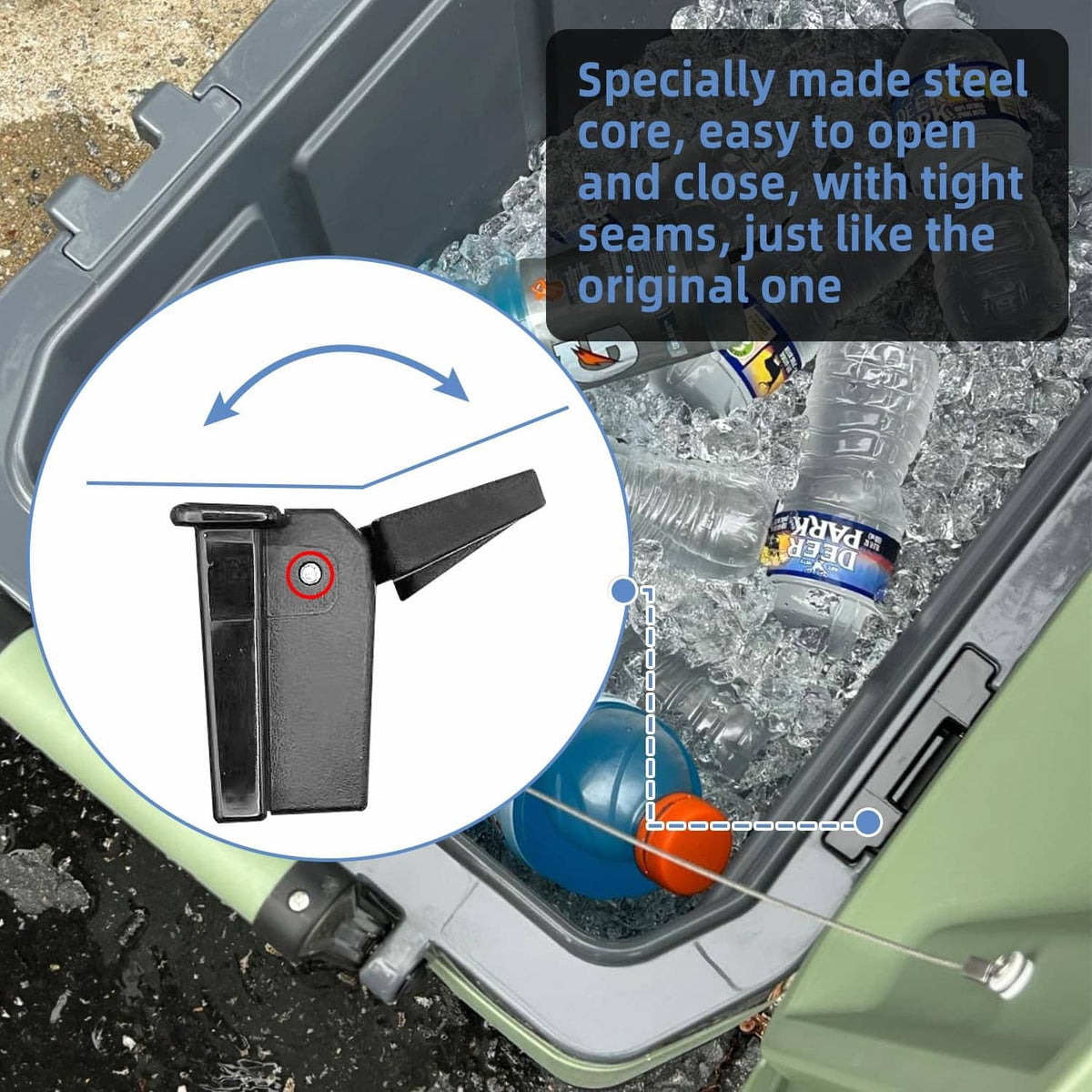 Black cooler hinge replacement piece with metal core, shown fitted inside cooler lid.