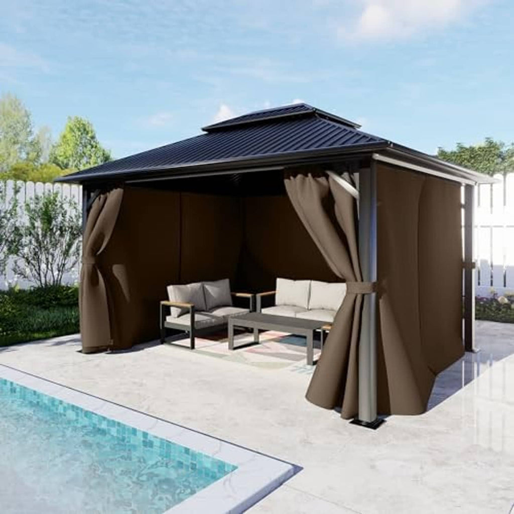 Brown gazebo privacy curtains with 4 panels, side drapes framing outdoor seating