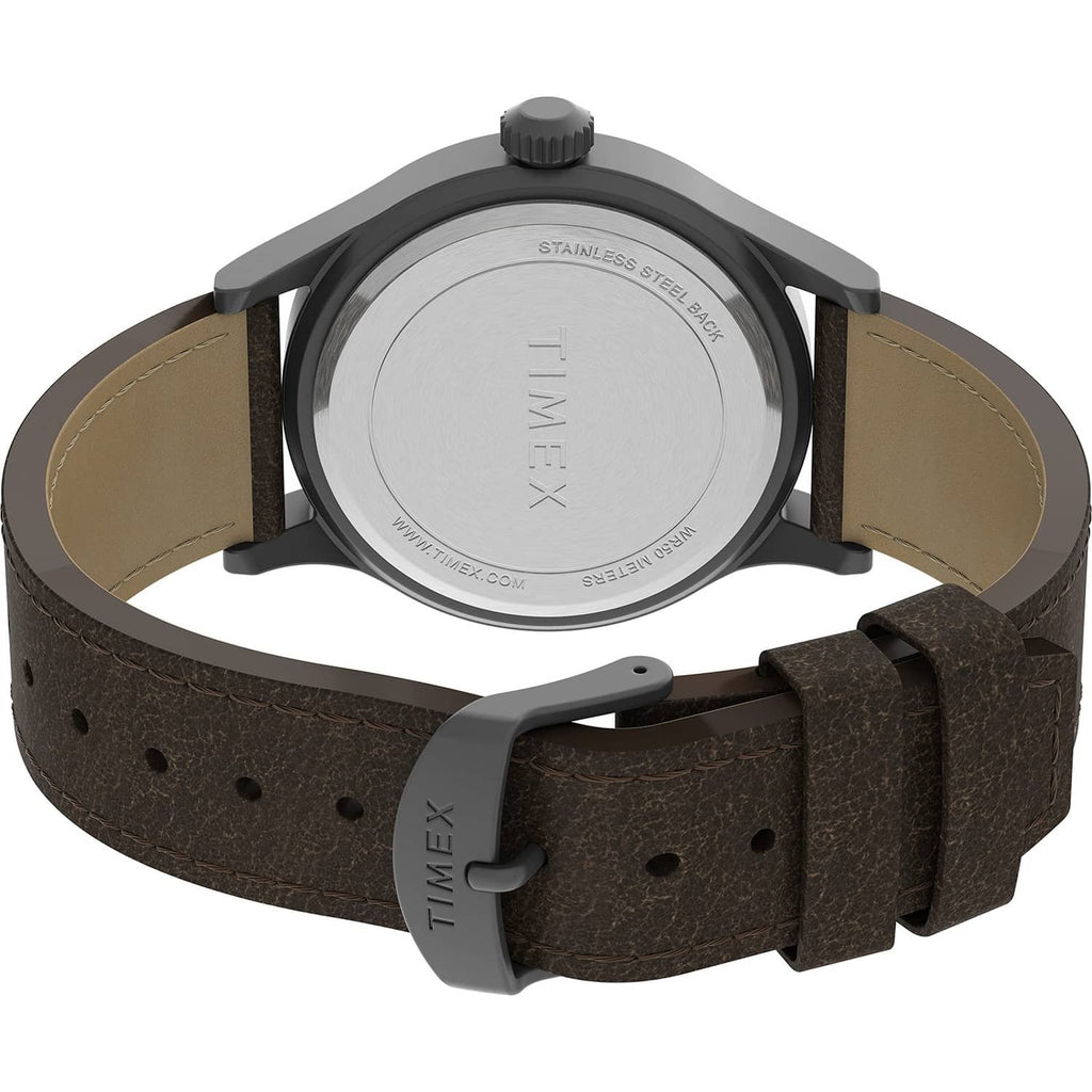 Reverse view of stainless-steel back with brown leather strap and clasp