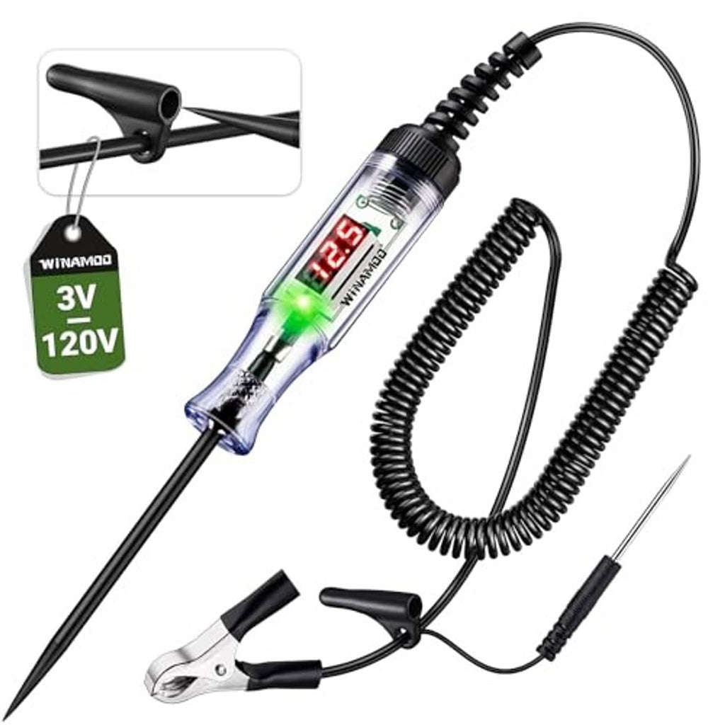 Automotive circuit tester with LED tube, coiled cable, and alligator clip lead