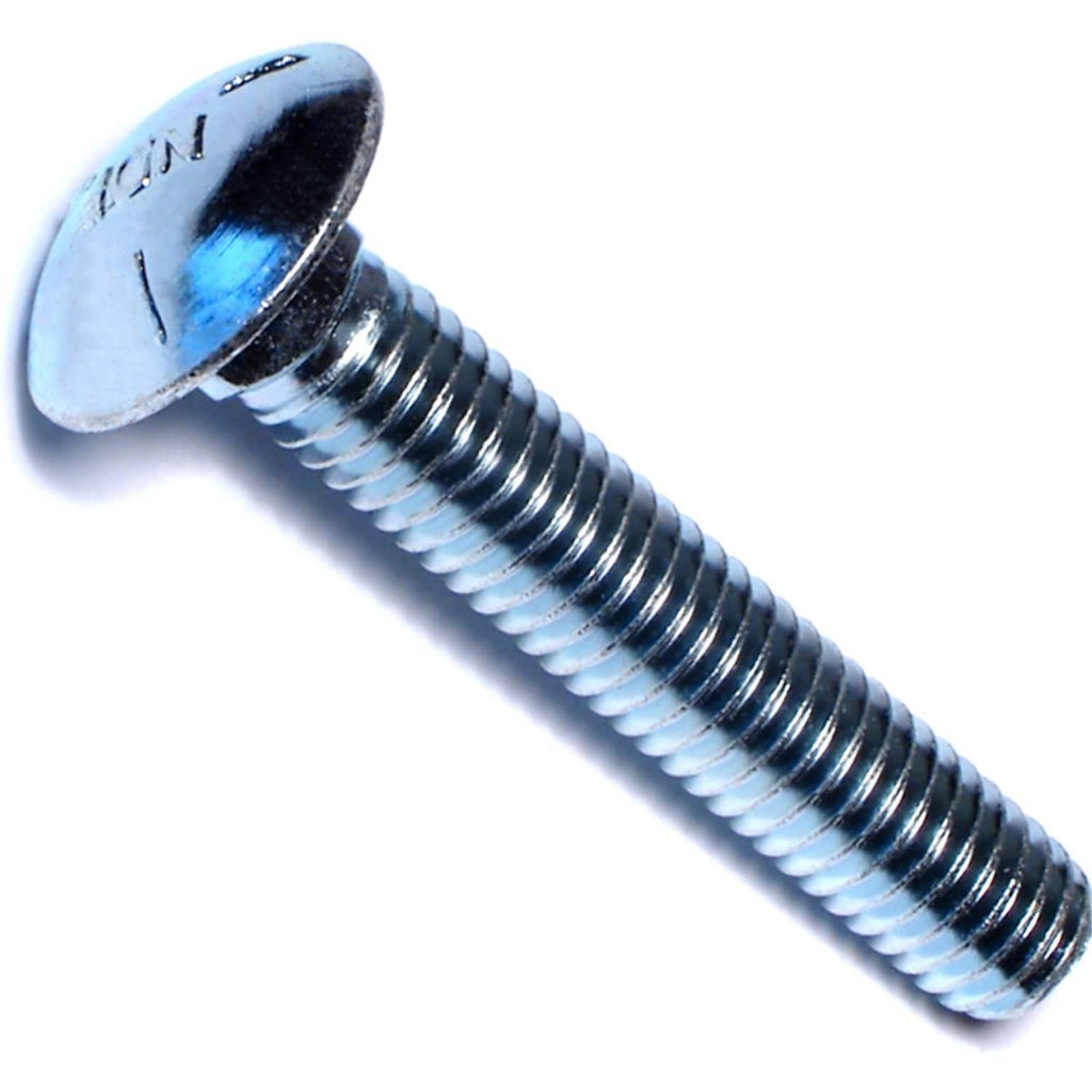 Silver carriage bolt with round head and threaded shank, side view