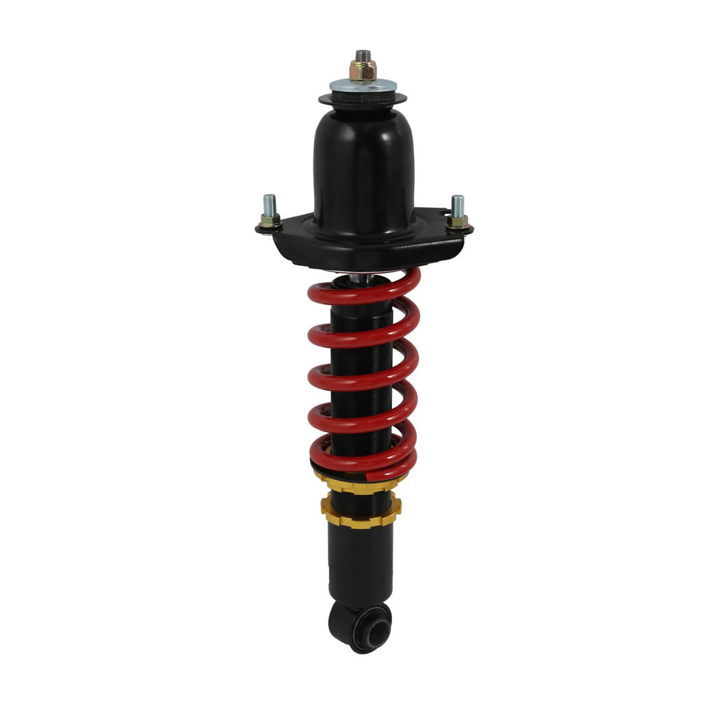 Single adjustable coilover shock with black body, red coil spring, and mounting top