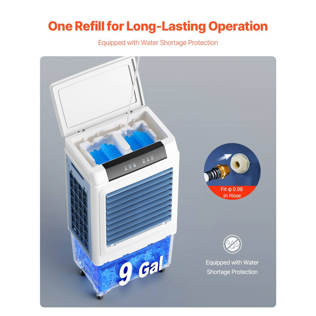 Evaporative cooler with open top water reservoir and blue cooling pads on wheels