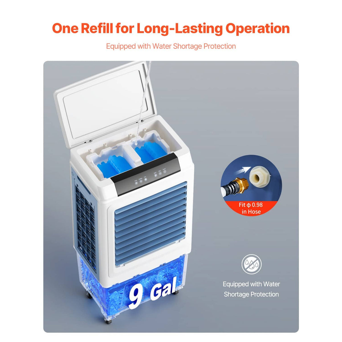 Evaporative cooler with open top water reservoir and blue cooling pads on wheels