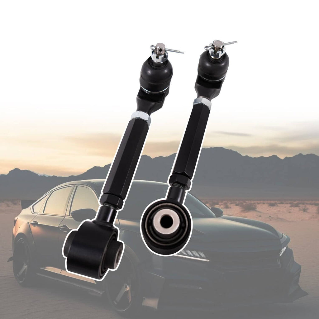 Two black rear camber control arms with round bushings and ball-joint studs