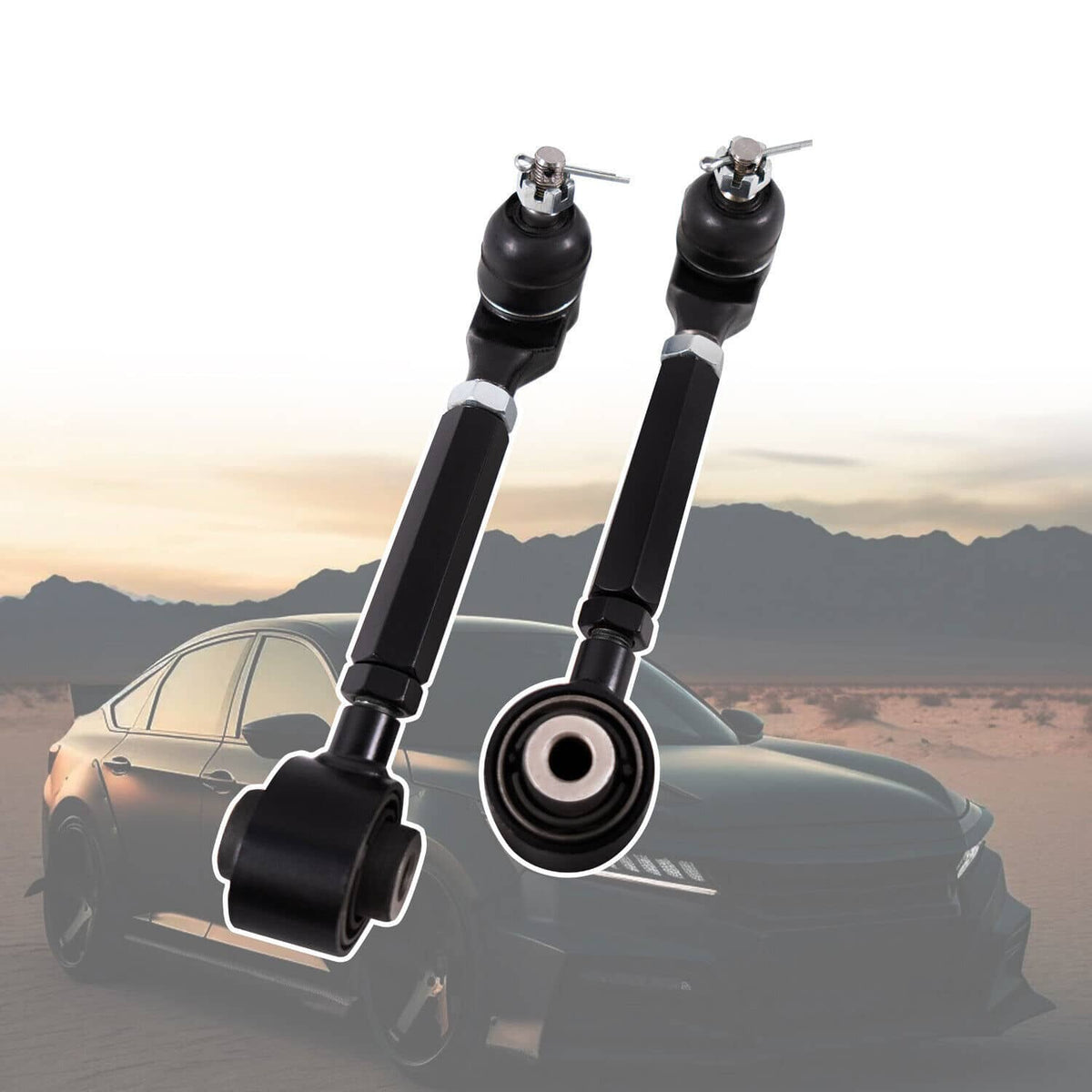 Two black rear camber control arms with round bushings and ball-joint studs