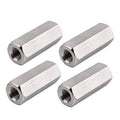 Set of four silver metal threaded hex coupling nut sleeves, M10 x 1.5, 30mm length