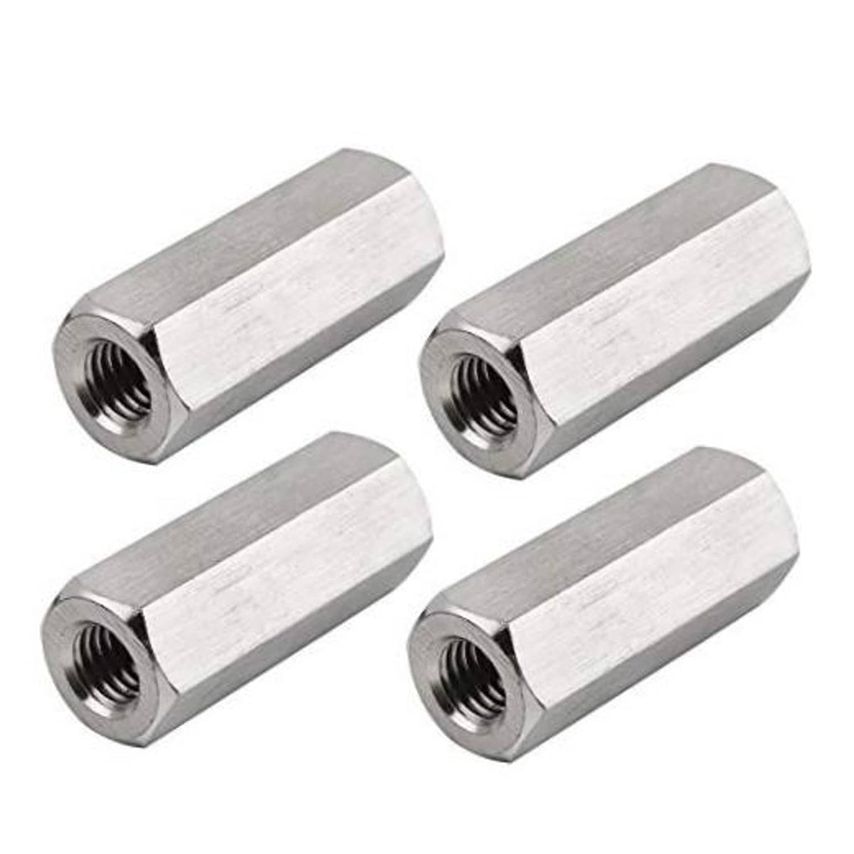 Set of four silver metal threaded hex coupling nut sleeves, M10 x 1.5, 30mm length