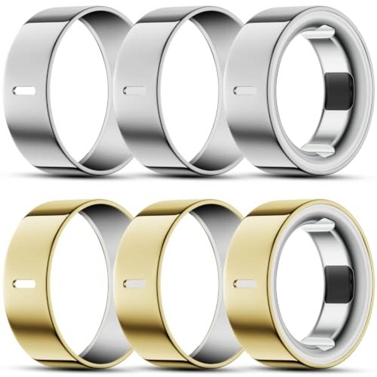 Six-pack Oura ring covers in silver and gold, front and side views