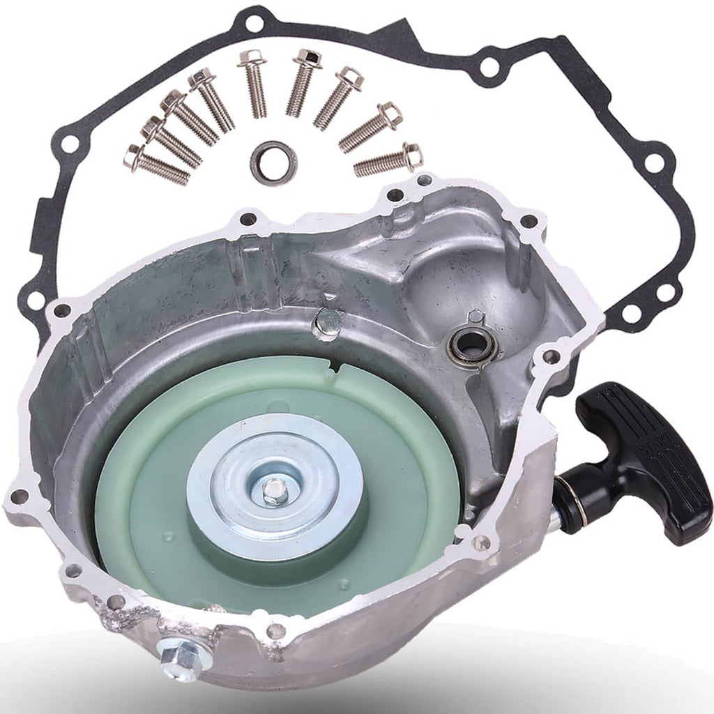 Recoil starter assembly with circular housing, green insert, black pull handle, and screws