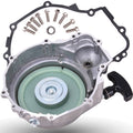 Recoil starter assembly with circular housing, green insert, black pull handle, and screws