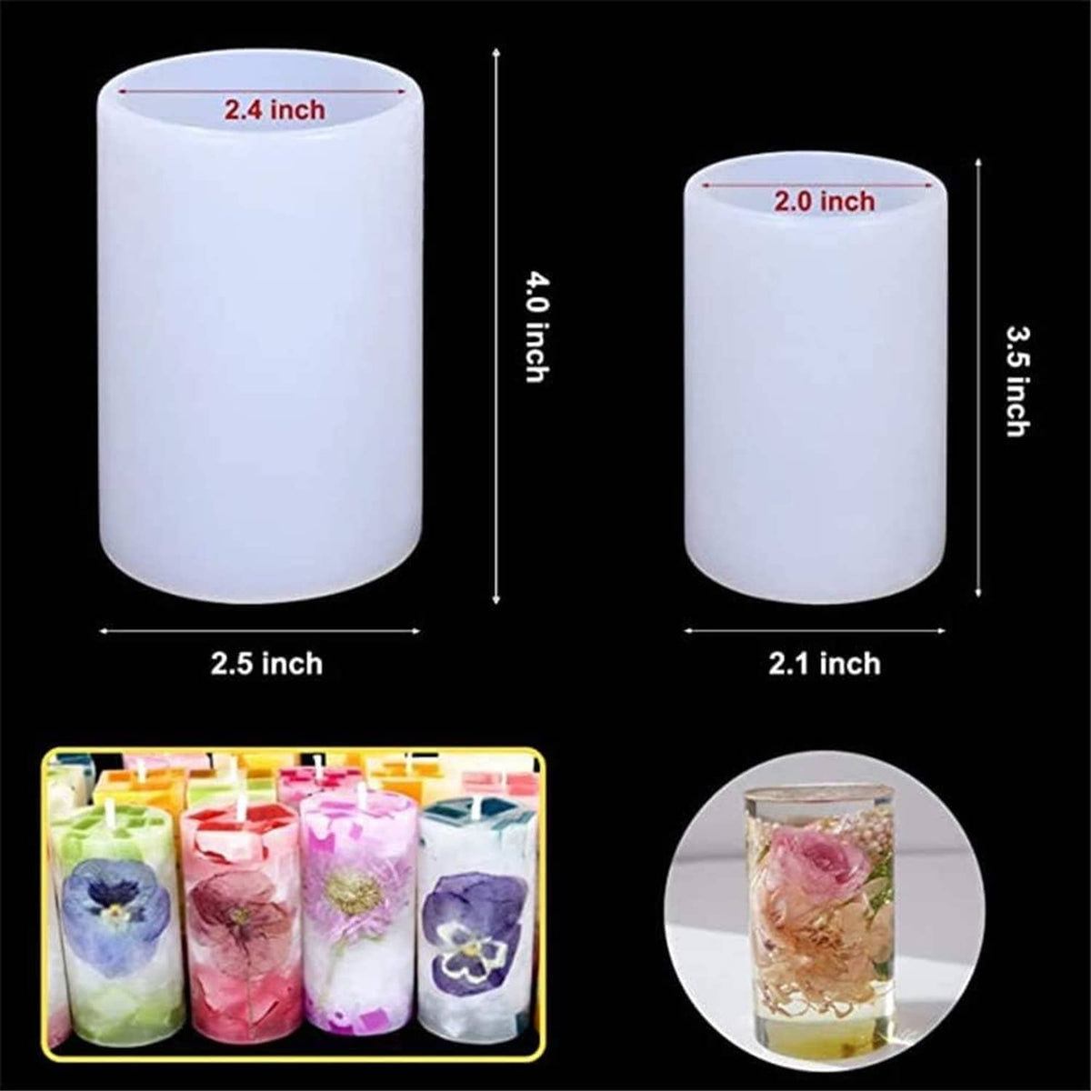 Two white cylindrical candle molds with rounded tops and sidewalls, shown with size comparisons.